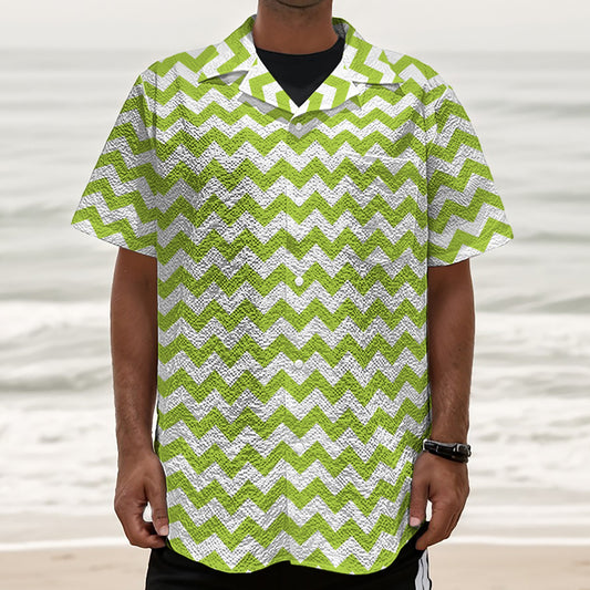 Lime Green And White Chevron Print Textured Short Sleeve Shirt