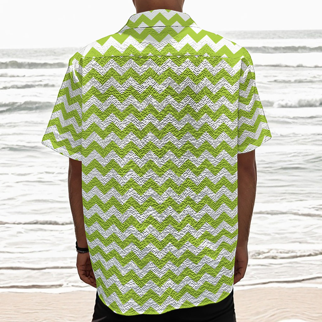 Lime Green And White Chevron Print Textured Short Sleeve Shirt