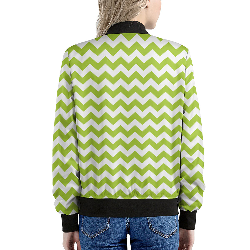 Lime Green And White Chevron Print Women's Bomber Jacket