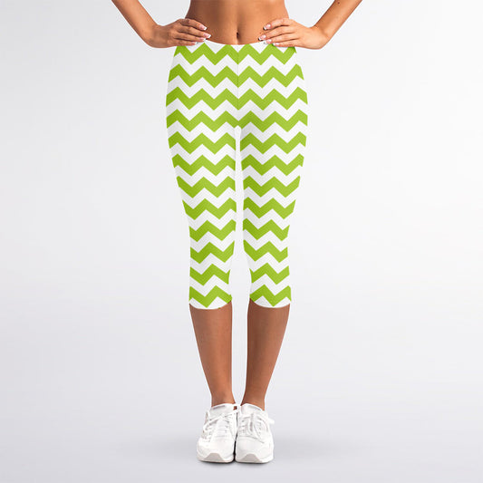 Lime Green And White Chevron Print Women's Capri Leggings
