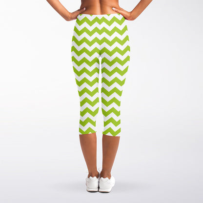 Lime Green And White Chevron Print Women's Capri Leggings