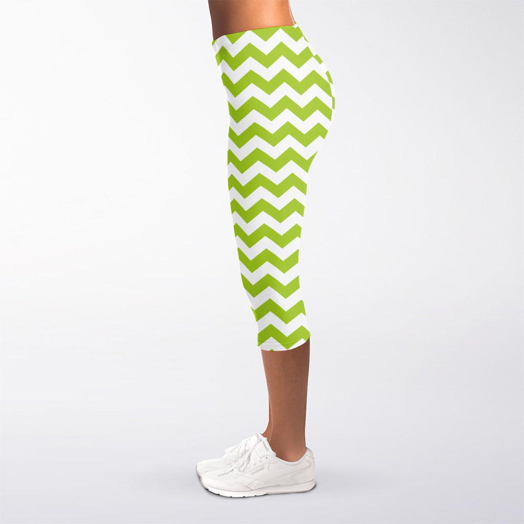 Lime Green And White Chevron Print Women's Capri Leggings