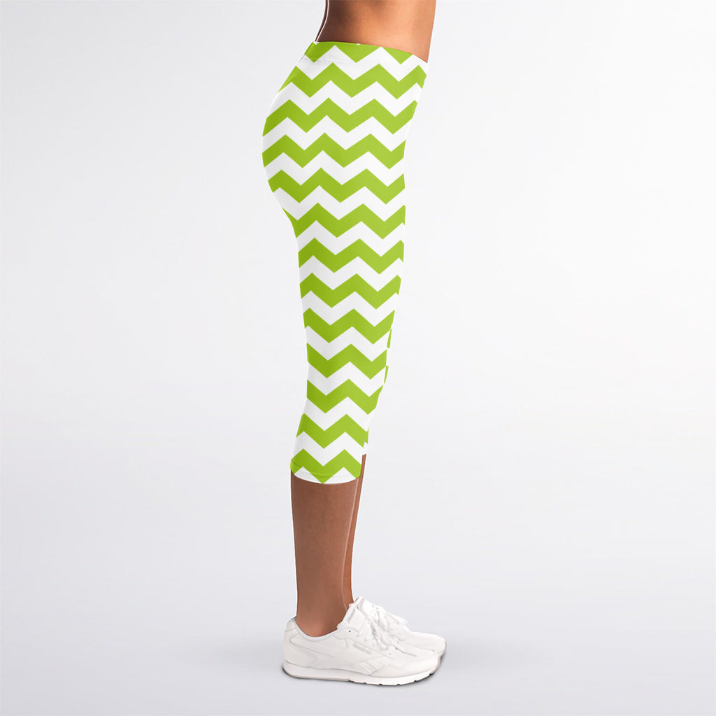 Lime Green And White Chevron Print Women's Capri Leggings