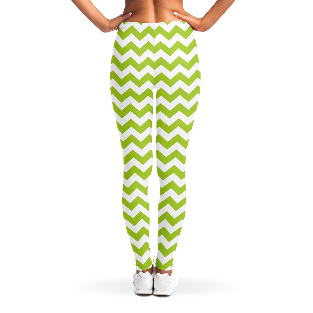Lime Green And White Chevron Print Women's Leggings