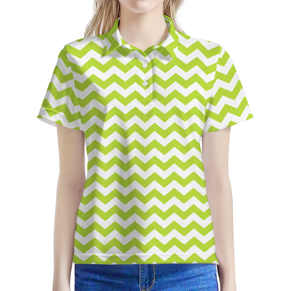 Lime Green And White Chevron Print Women's Polo Shirt