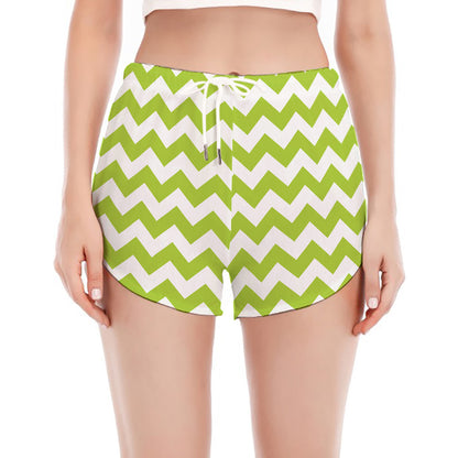Lime Green And White Chevron Print Women's Split Running Shorts