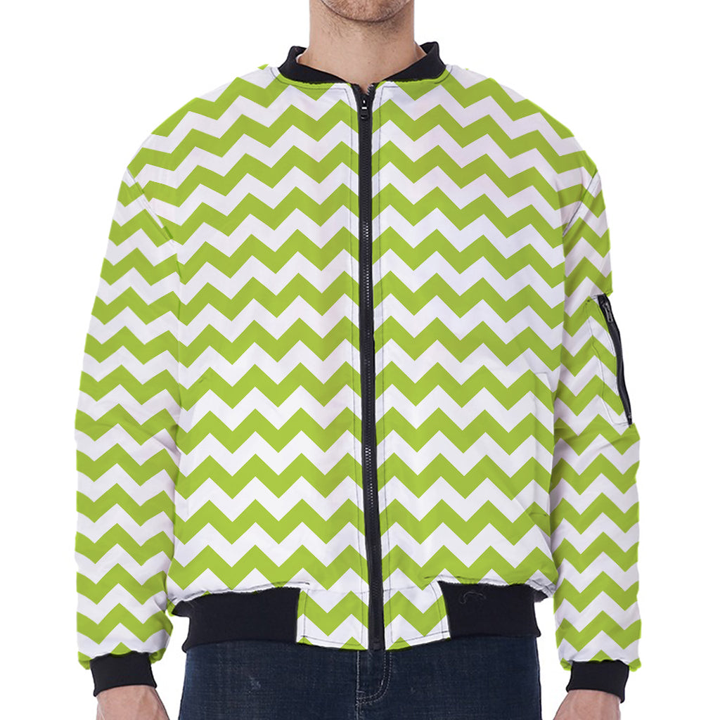 Lime Green And White Chevron Print Zip Sleeve Bomber Jacket