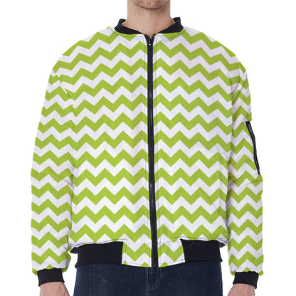 Lime Green And White Chevron Print Zip Sleeve Bomber Jacket