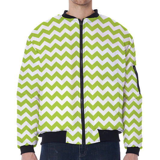 Lime Green And White Chevron Print Zip Sleeve Bomber Jacket