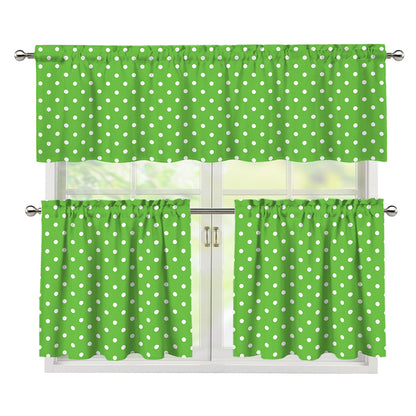 Lime Green And White Polka Dot Print 3 Piece Kitchen Curtains