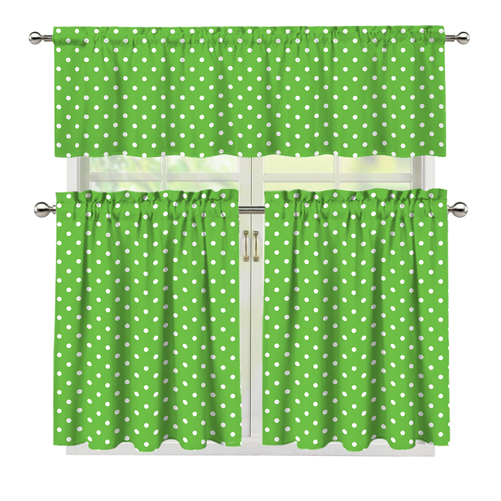 Lime Green And White Polka Dot Print 3 Piece Kitchen Curtains