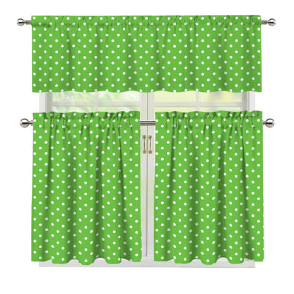 Lime Green And White Polka Dot Print 3 Piece Kitchen Curtains