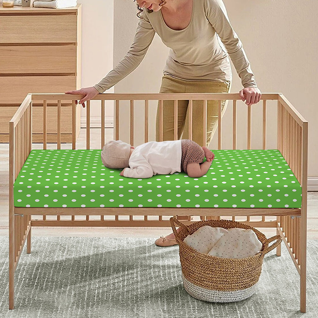 Lime Green And White Polka Dot Print Baby Crib Sheet
