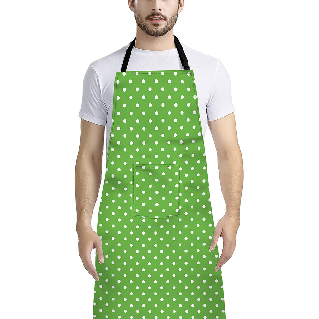 Lime Green And White Polka Dot Print Bib Apron With Pocket