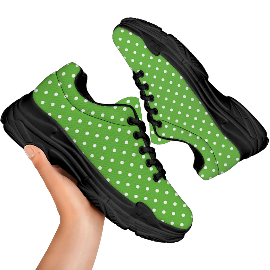 Lime Green And White Polka Dot Print Black Chunky Shoes