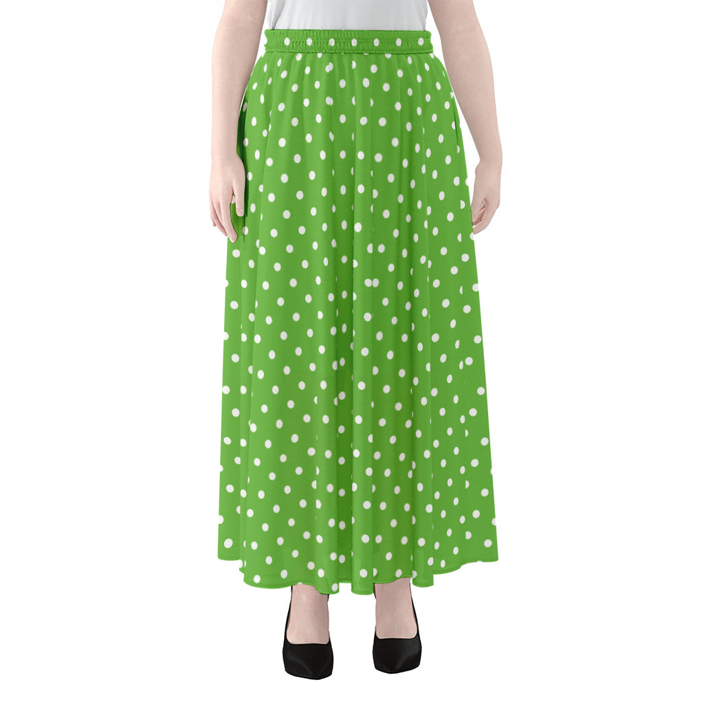 Lime Green And White Polka Dot Print Chiffon Maxi Skirt
