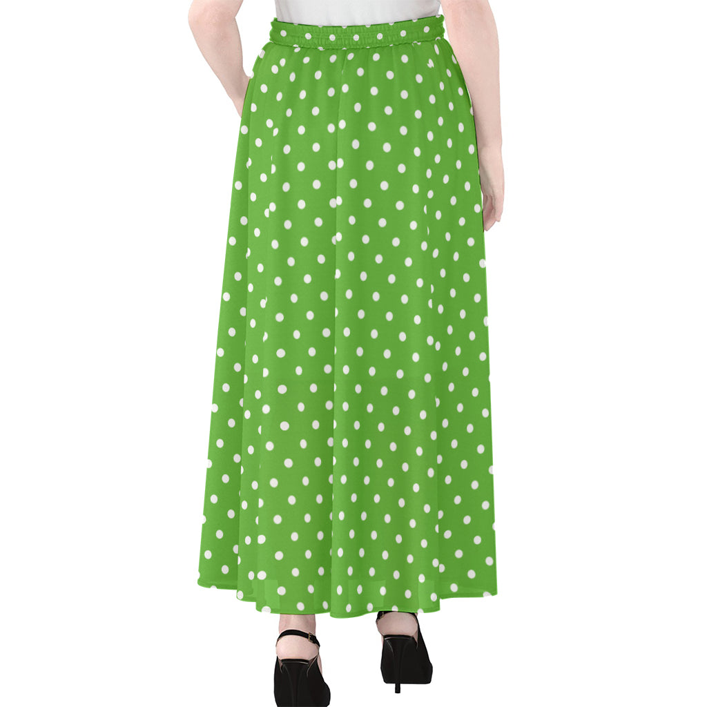 Lime Green And White Polka Dot Print Chiffon Maxi Skirt