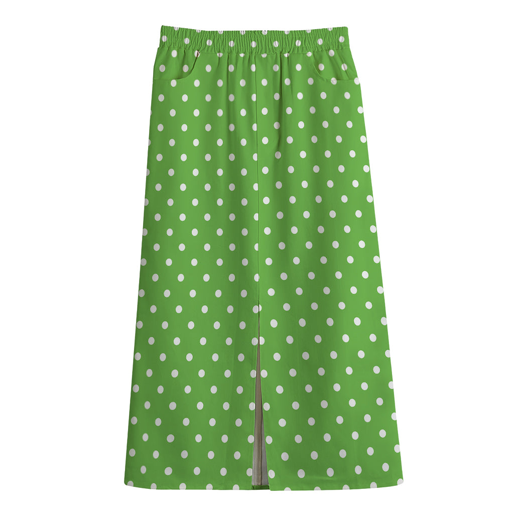 Lime Green And White Polka Dot Print Cotton Front Slit Maxi Skirt