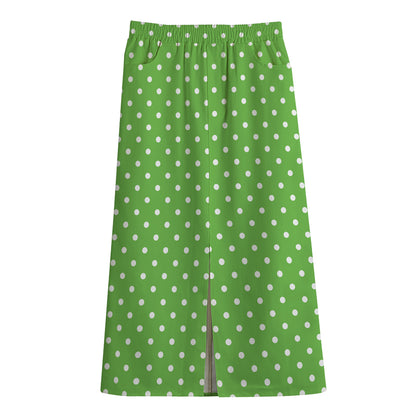 Lime Green And White Polka Dot Print Cotton Front Slit Maxi Skirt