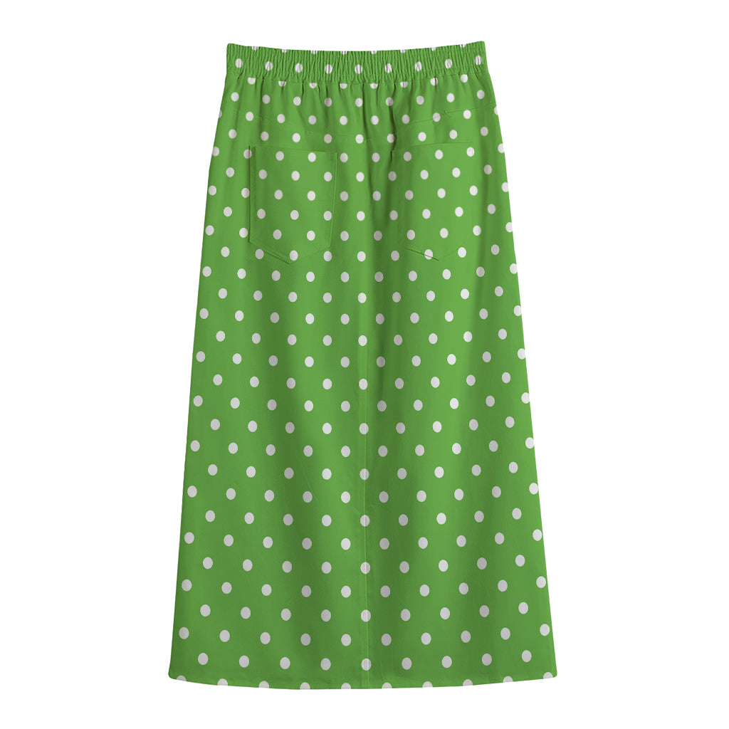 Lime Green And White Polka Dot Print Cotton Front Slit Maxi Skirt