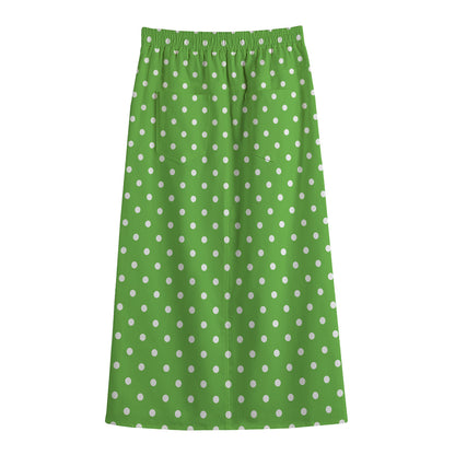 Lime Green And White Polka Dot Print Cotton Front Slit Maxi Skirt