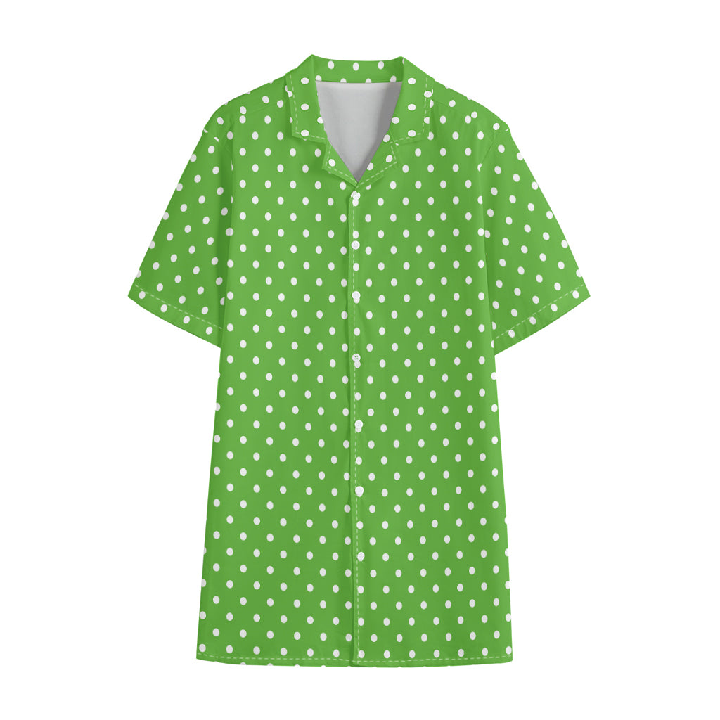 Lime Green And White Polka Dot Print Cotton Hawaiian Shirt
