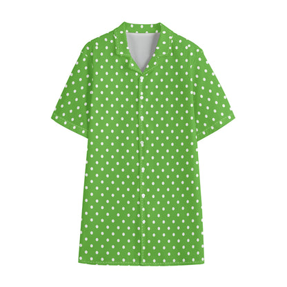 Lime Green And White Polka Dot Print Cotton Hawaiian Shirt