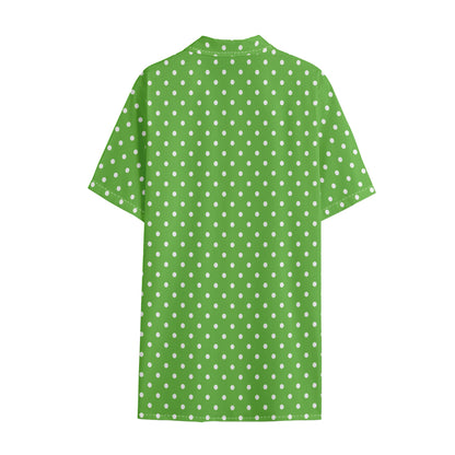 Lime Green And White Polka Dot Print Cotton Hawaiian Shirt