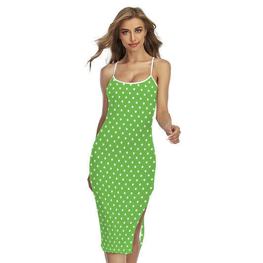 Lime Green And White Polka Dot Print Cross Back Cami Dress