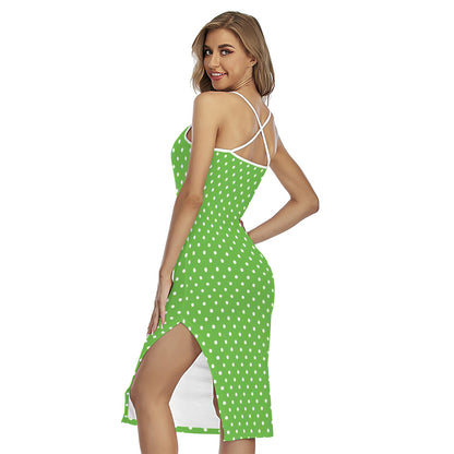 Lime Green And White Polka Dot Print Cross Back Cami Dress