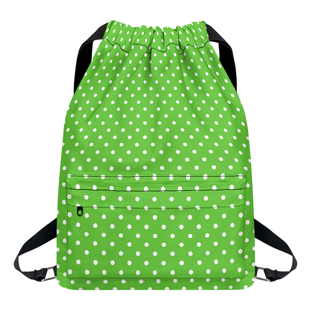 Lime Green And White Polka Dot Print Drawstring Backpack