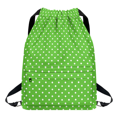 Lime Green And White Polka Dot Print Drawstring Backpack