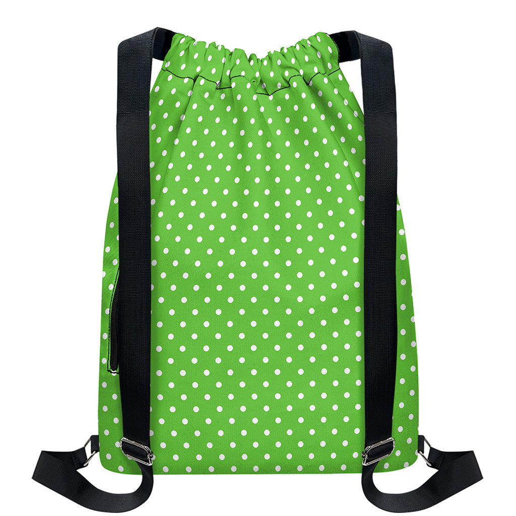 Lime Green And White Polka Dot Print Drawstring Backpack