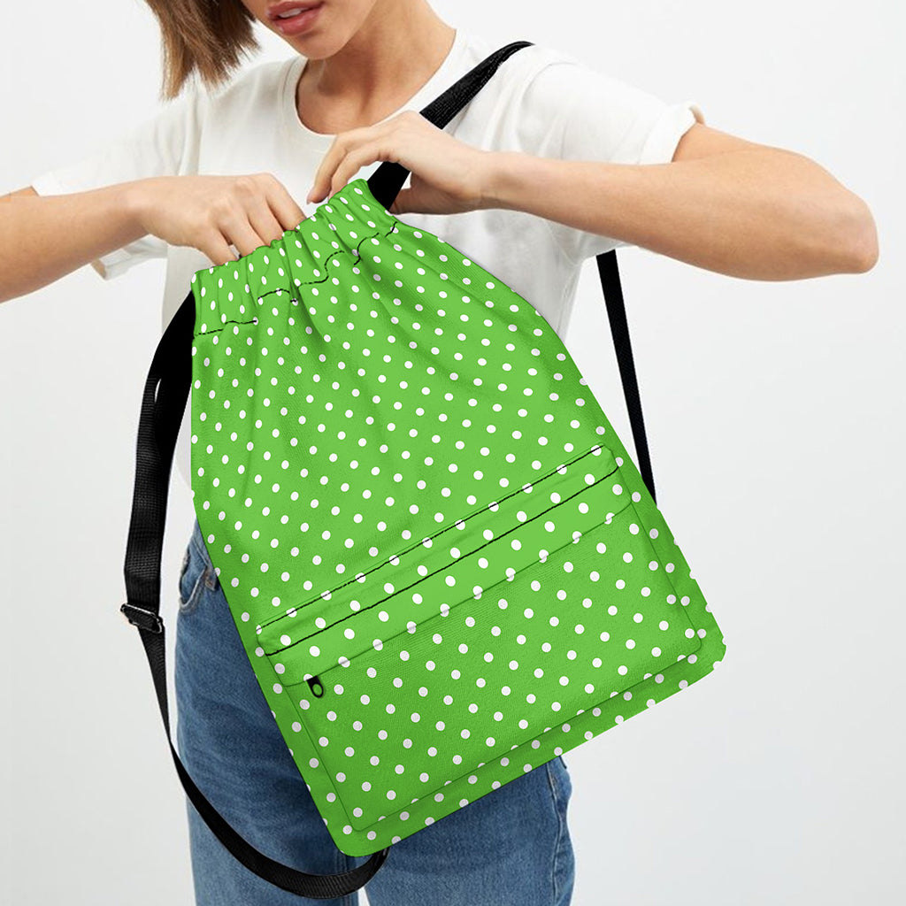 Lime Green And White Polka Dot Print Drawstring Backpack