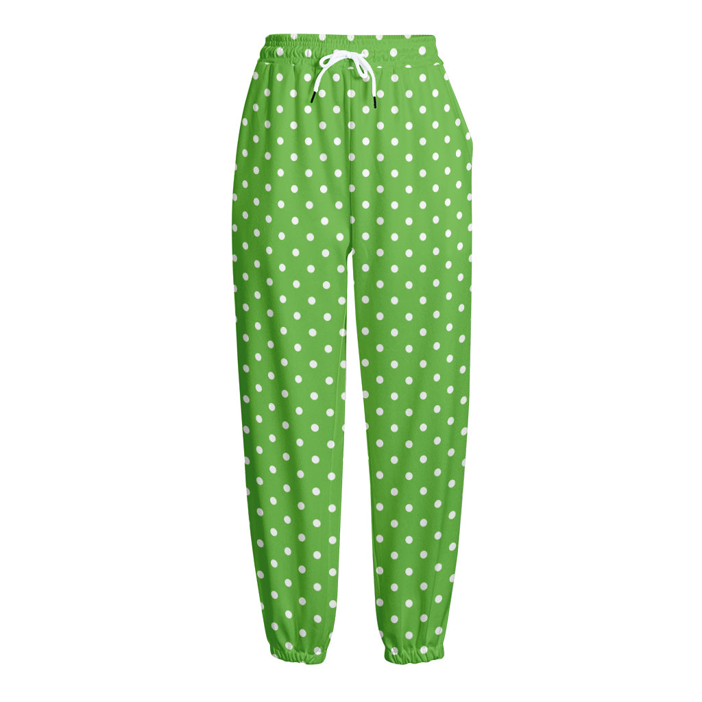 Lime Green And White Polka Dot Print Fleece Lined Knit Pants
