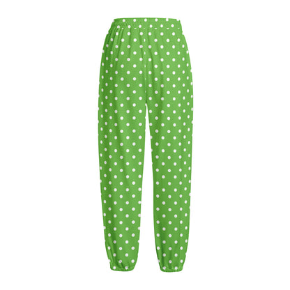 Lime Green And White Polka Dot Print Fleece Lined Knit Pants