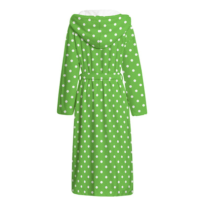 Lime Green And White Polka Dot Print Hooded Bathrobe