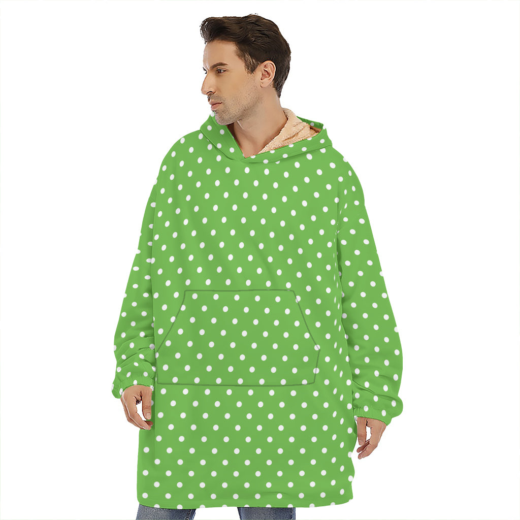 Lime Green And White Polka Dot Print Hoodie Blanket