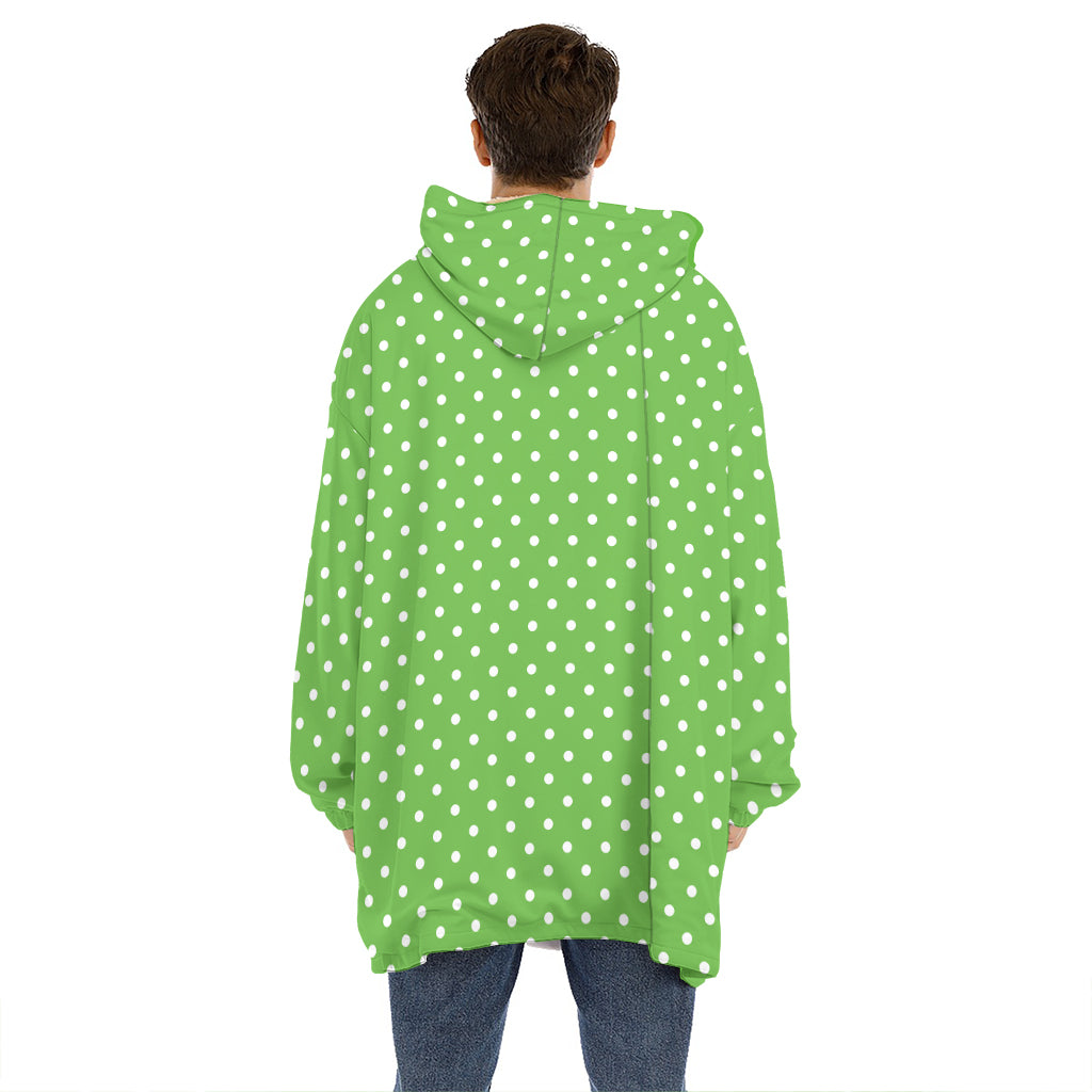 Lime Green And White Polka Dot Print Hoodie Blanket