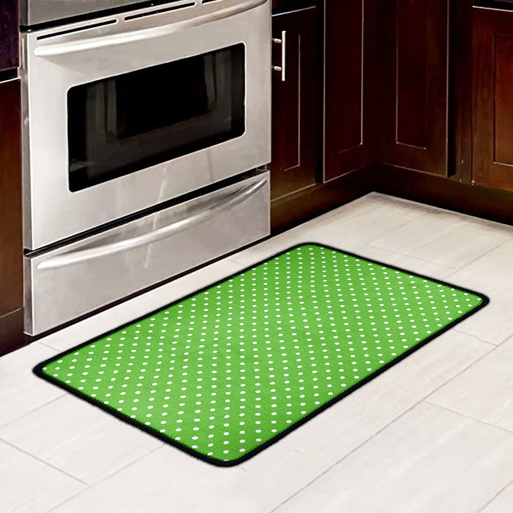 Lime Green And White Polka Dot Print Kitchen Mat