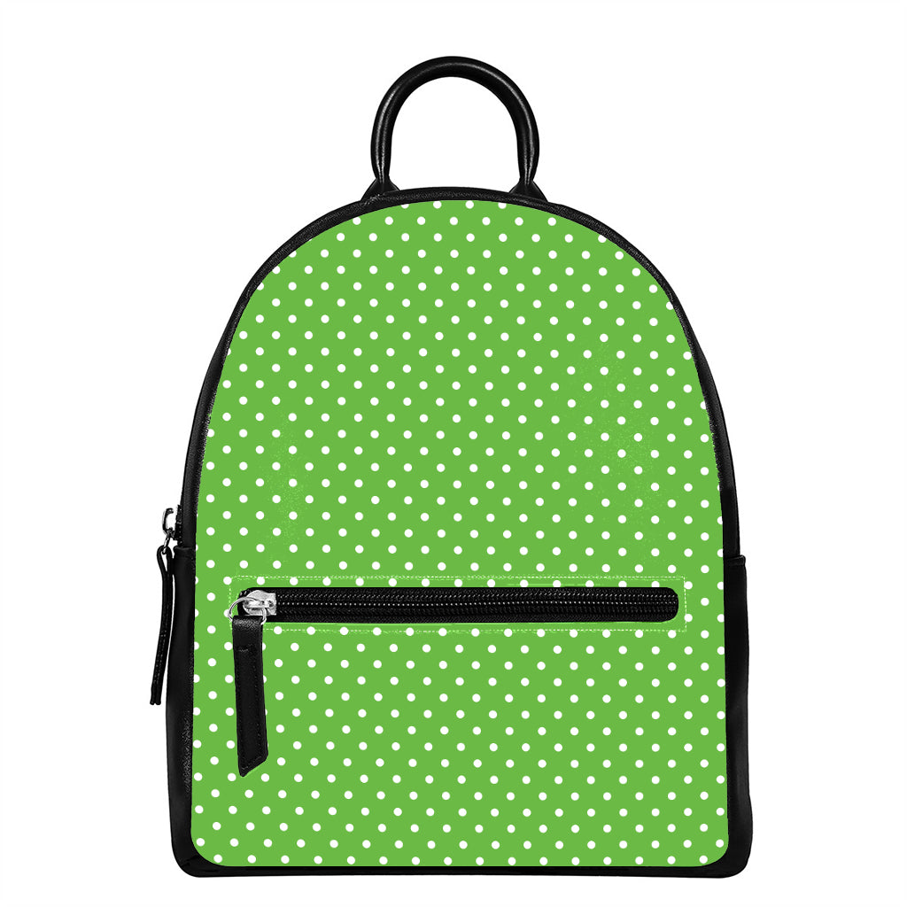 Lime Green And White Polka Dot Print Leather Backpack