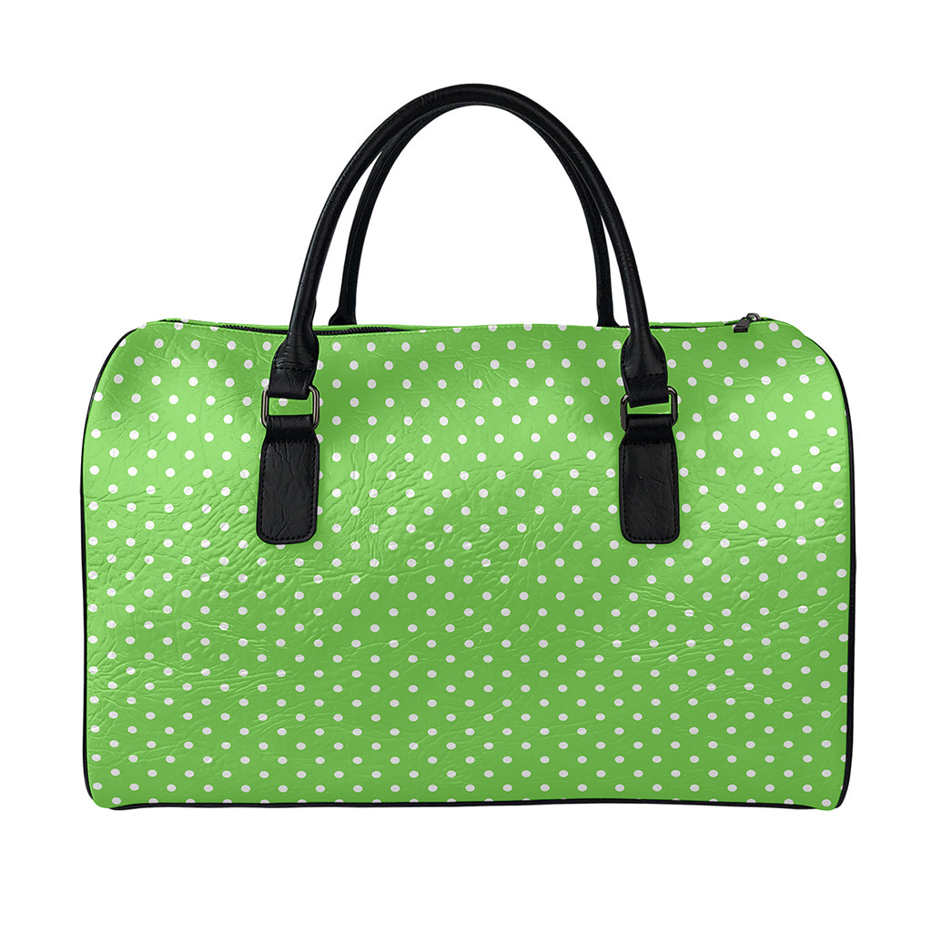 Lime Green And White Polka Dot Print Leather Duffle Bag