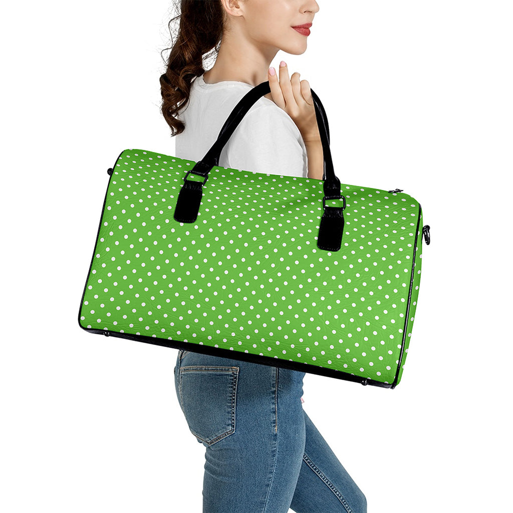 Lime Green And White Polka Dot Print Leather Duffle Bag