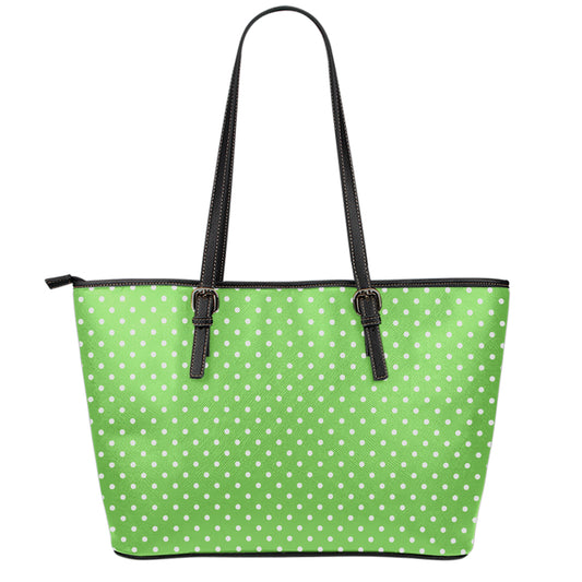 Lime Green And White Polka Dot Print Leather Tote Bag