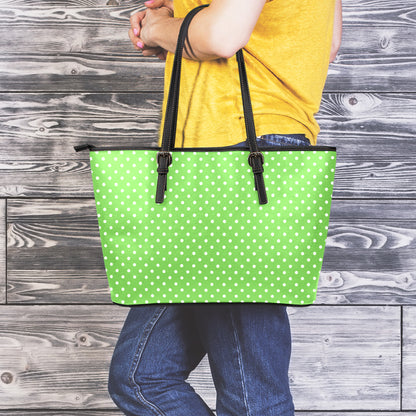 Lime Green And White Polka Dot Print Leather Tote Bag