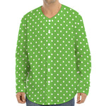 Lime Green And White Polka Dot Print Long Sleeve Baseball Jersey