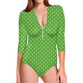 Lime Green And White Polka Dot Print Long Sleeve Swimsuit