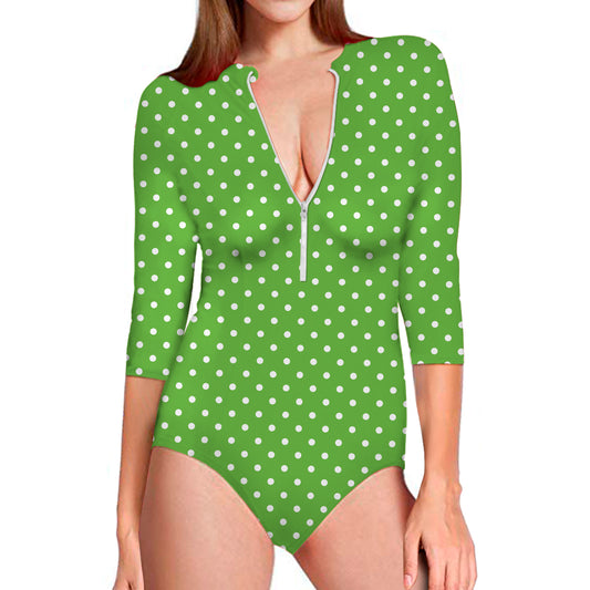 Lime Green And White Polka Dot Print Long Sleeve Swimsuit