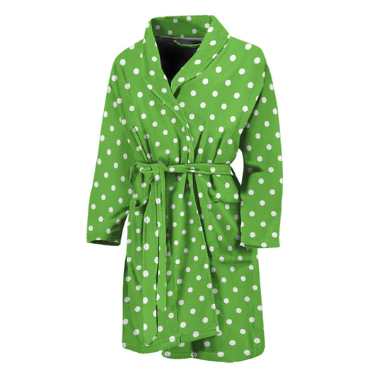 Lime Green And White Polka Dot Print Men's Bathrobe