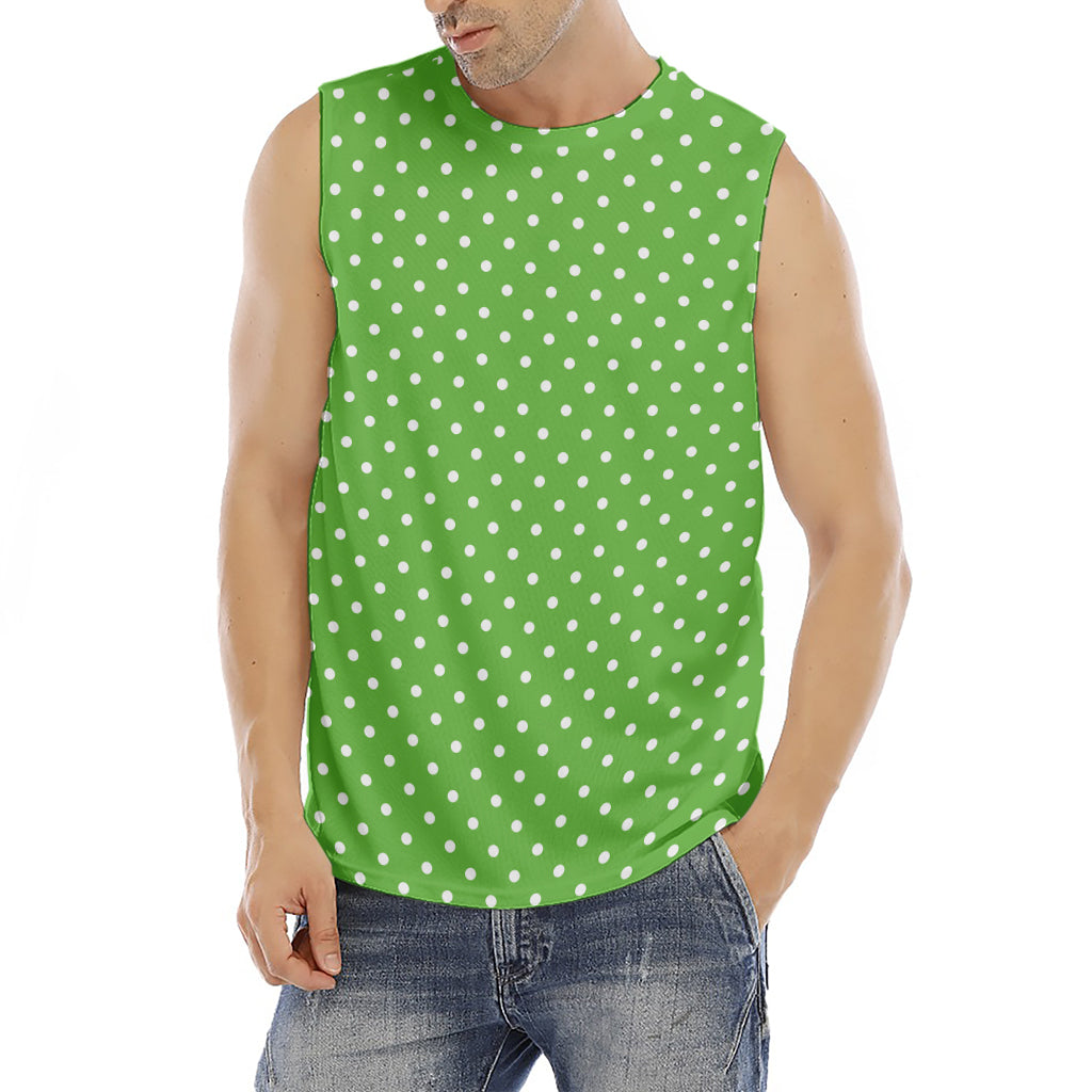 Lime Green And White Polka Dot Print Men's Fitness Tank Top